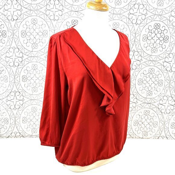 Ann Taylor Loft Blouse M Red Ruffle Silky Top - Picture 7 of 8